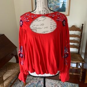 Free People Red Embroidered Knit Boho Top Medium